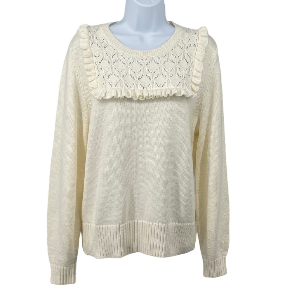 NWT Talbots Ruffle Crewneck Sweater, Cream, Size PL